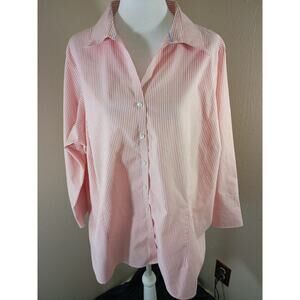Lands End Button Up Shirt Pink White Striped Sz 24W Classic Office